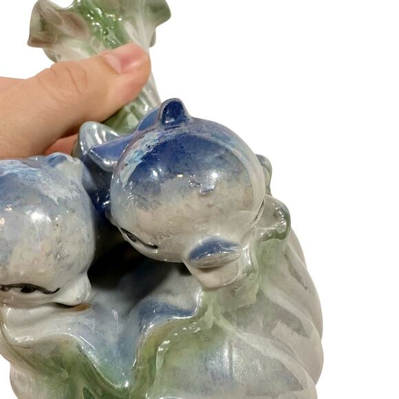 VTG Ceramic Iridescent Blue Sea Ocean Wave 2 Dolphins Scallop Shell Bud Vase - Picture 6 of 11